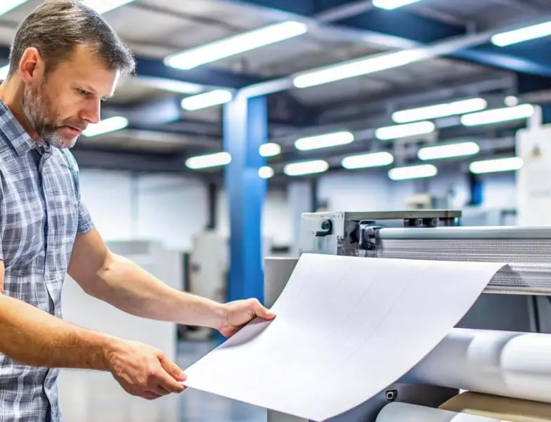 Man with roll to roll wide format printer