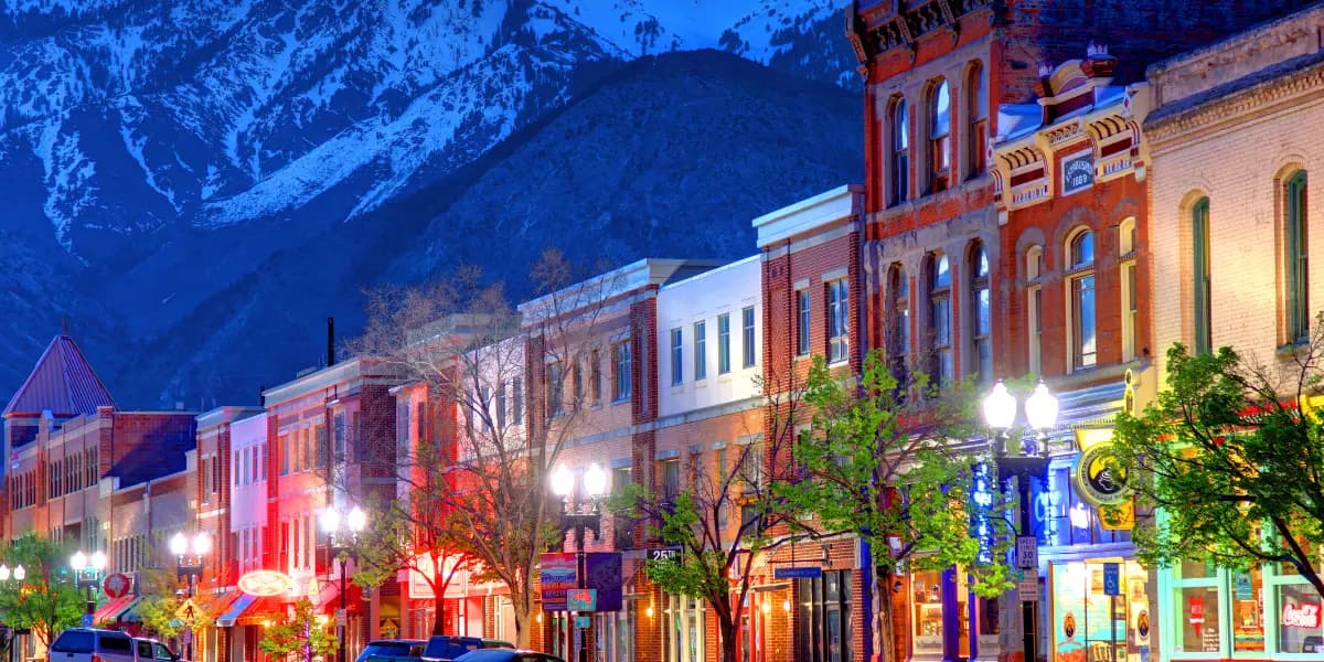 Image looking down a street at night in Ogden, Utah downtown area